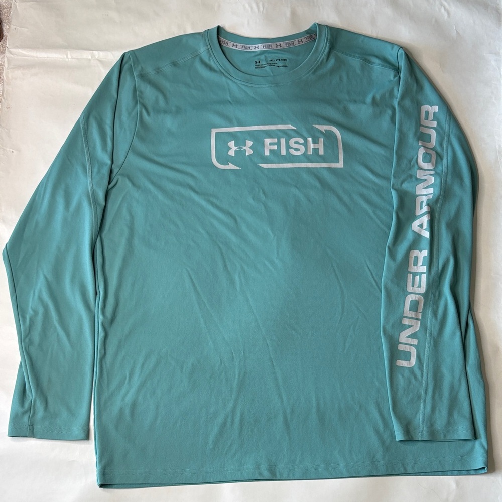 Under Armour 🐠 FISH fishing Aqua Blue Teal Long Sleeve Tee Heat Gear SPF Sz 2XL